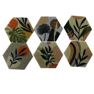 Handcrafted (faux) Diamond Art Painted Set 6 Coasters Plants Green Orange